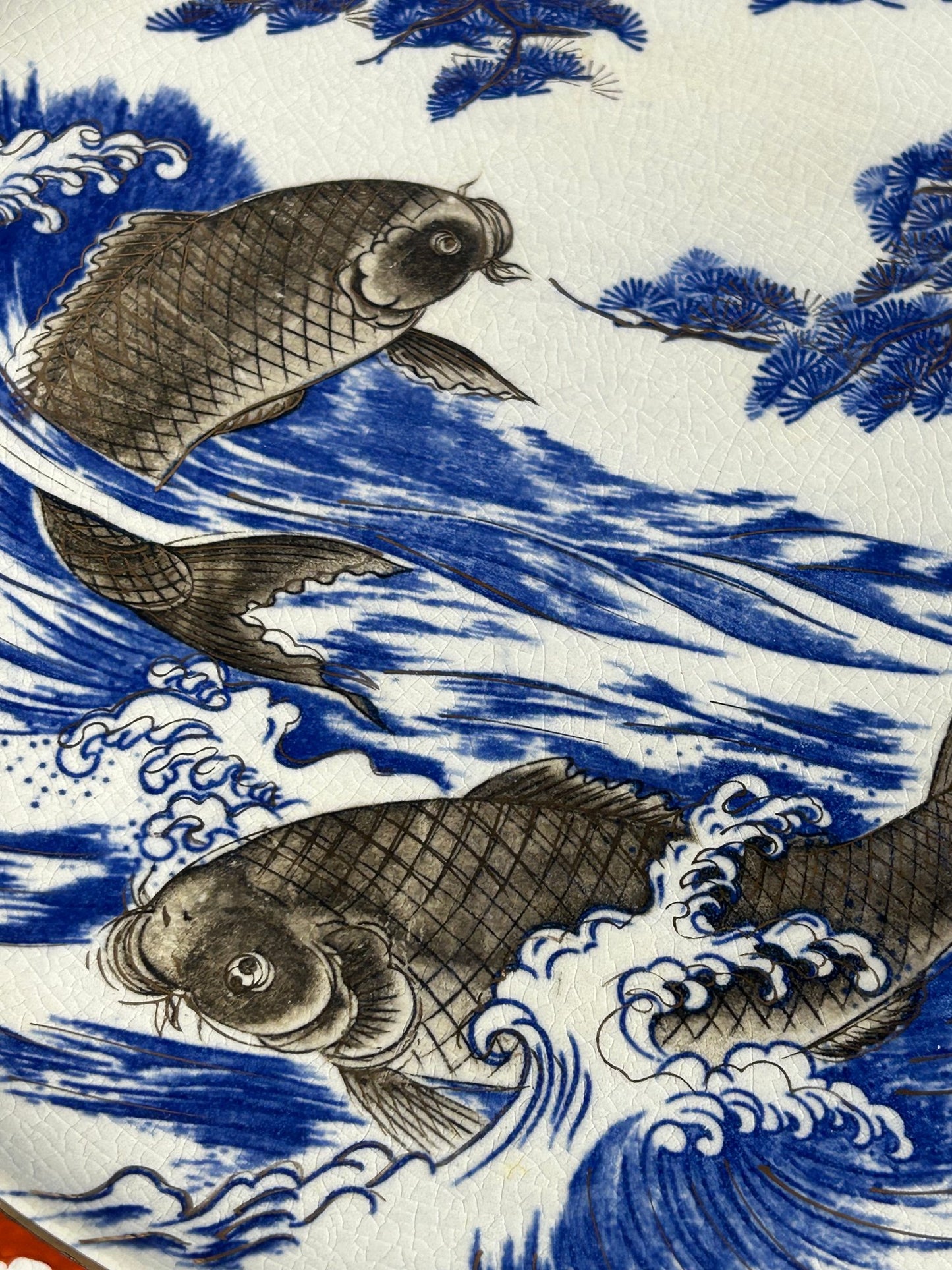 19th Century Gold Imari Hand-Painted Koi Fish Dish – 16 1/4"