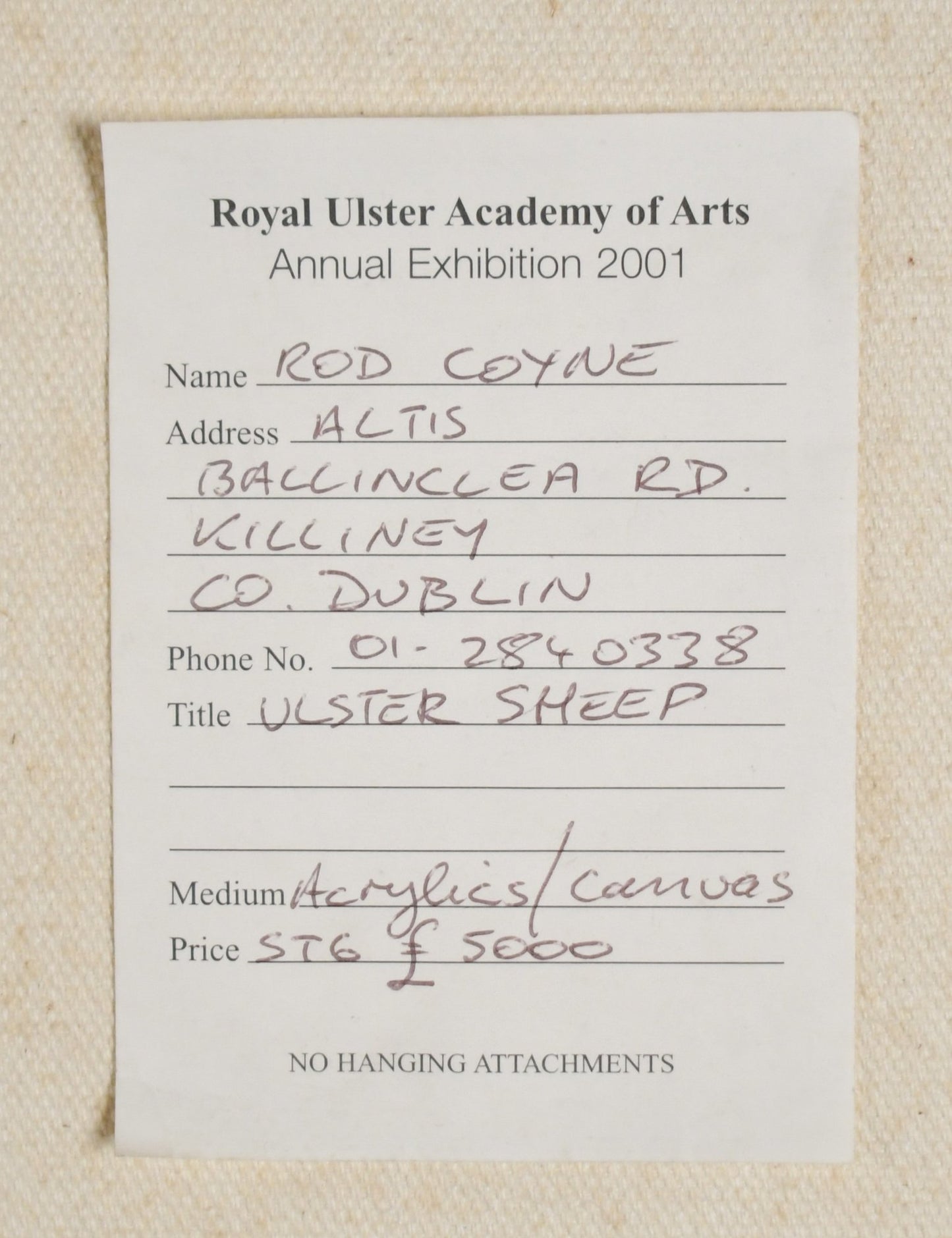 Ulster Sheep (1995)
Rod Coyne (Irish, b. 1969)
Acrylic on Canvas | Signed & Dated | Exhibited Royal Ulster Academy of Arts, 2001