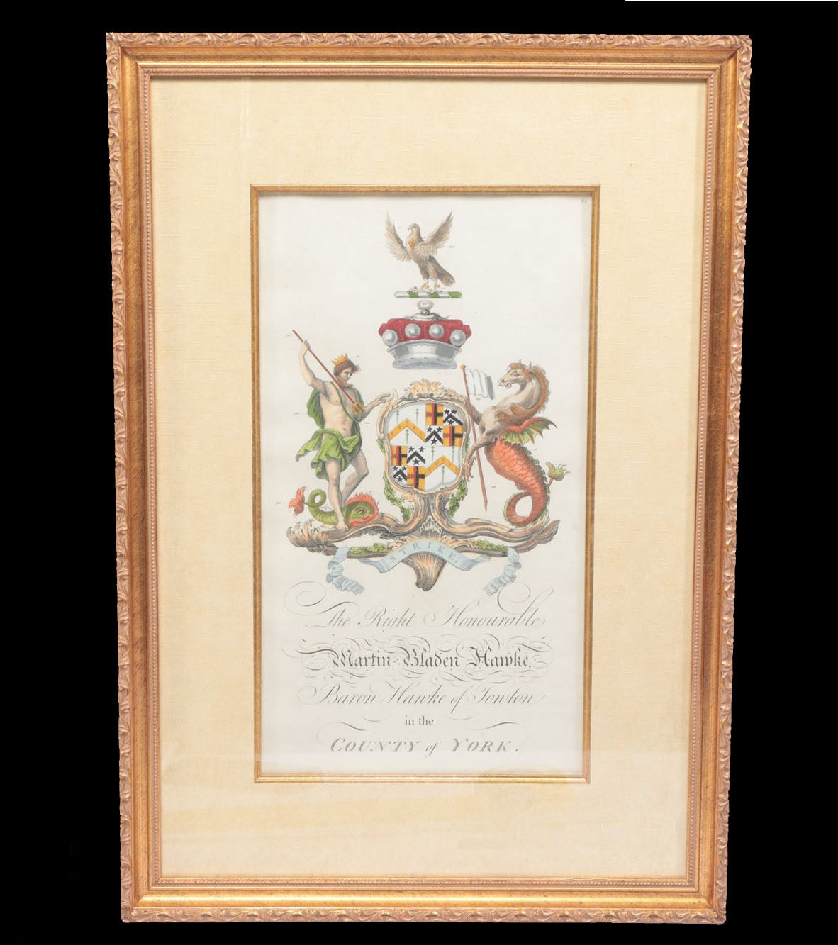 18th-Century British Heraldic Copperplate – Baron Hawke of Towton | Hand-Colored Armorial Engraving