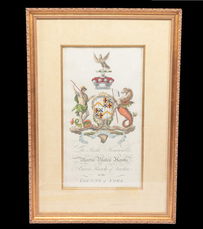 18th-Century British Heraldic Copperplate – Baron Hawke of Towton | Hand-Colored Armorial Engraving