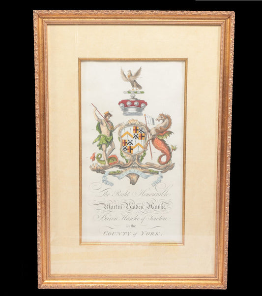 18th-Century British Heraldic Copperplate – Baron Hawke of Towton | Hand-Colored Armorial Engraving