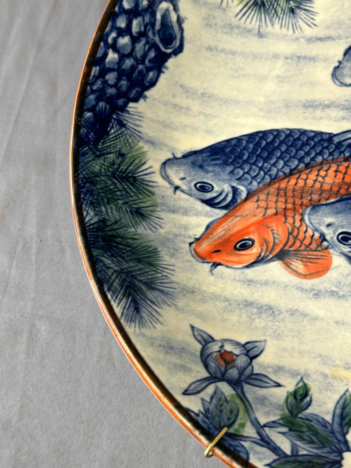 15" Vintage Hand-Painted Koi Fish Dish with Floral Motifs