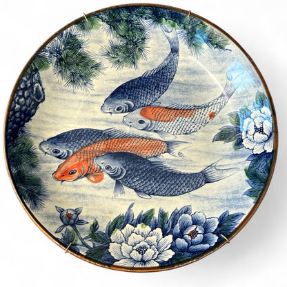 15" Vintage Hand-Painted Koi Fish Dish with Floral Motifs