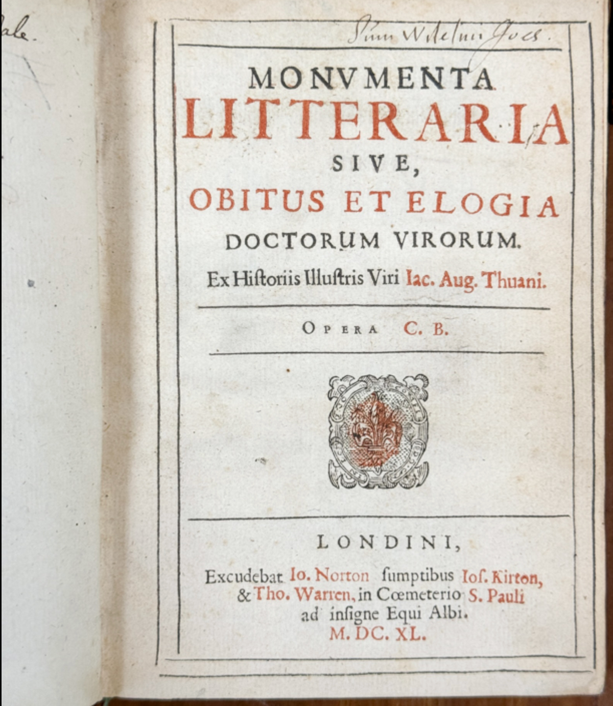 Jacques-Auguste de Thou — Monumenta Litteraria — London, 1640 — photographed detail
