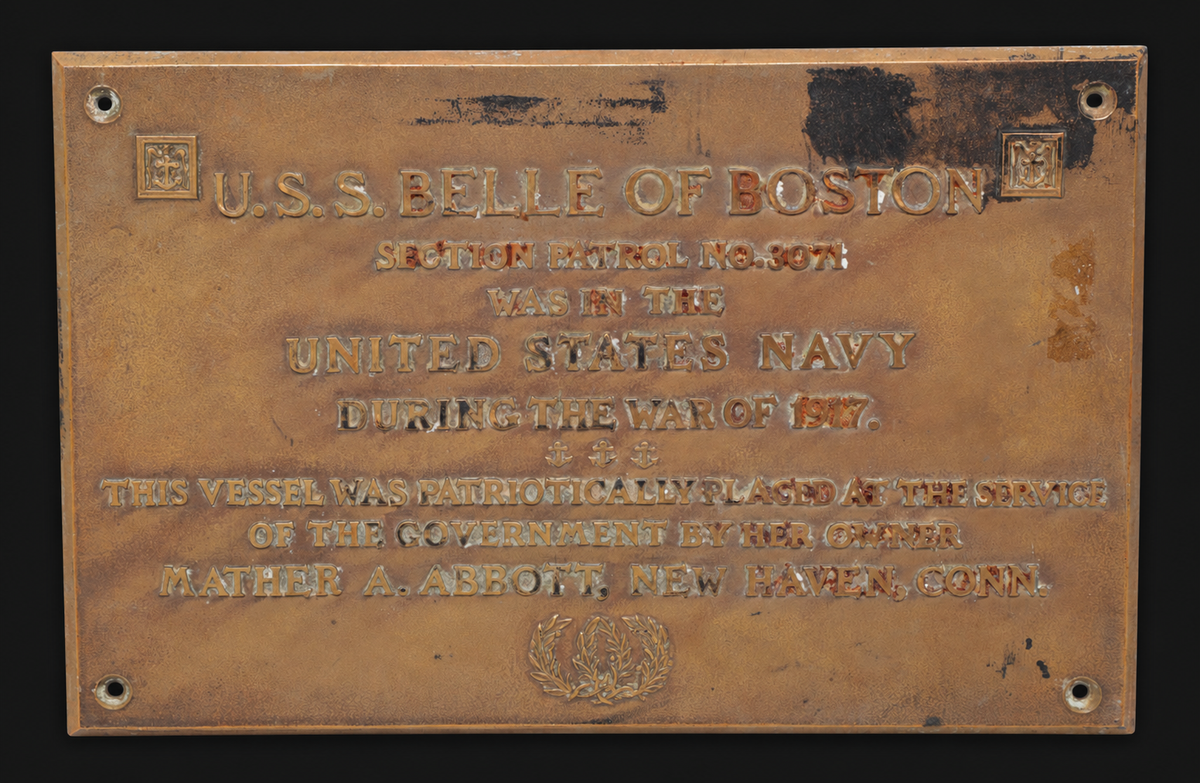 U.S.S. Belle of Boston bronze plaque, front — digitally edited museum presentation; see original photograph for condition details.