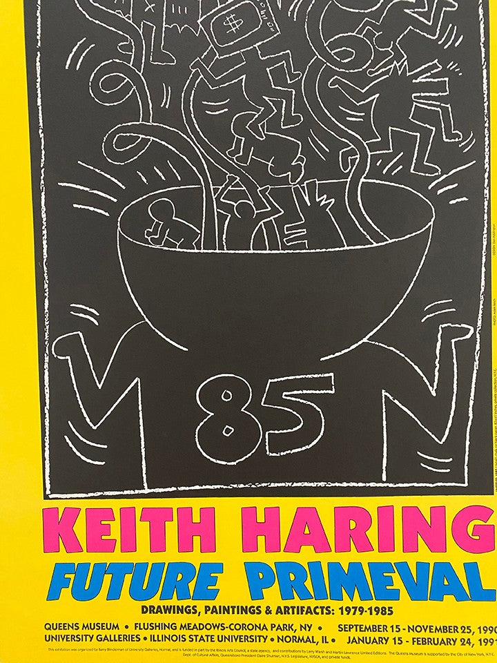 Keith Haring Future Primeval poster detail with figures and yellow title margin