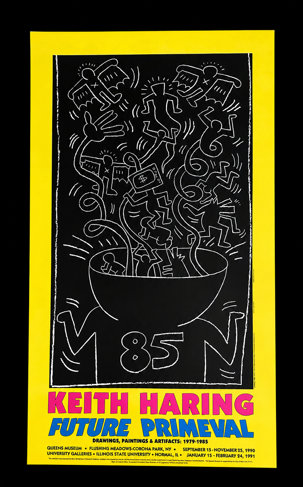 Keith Haring Future Primeval, 1990 exhibition poster with yellow border