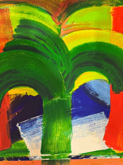 Detail of Howard Hodgkin In Tangier showing green palm forms and layered color