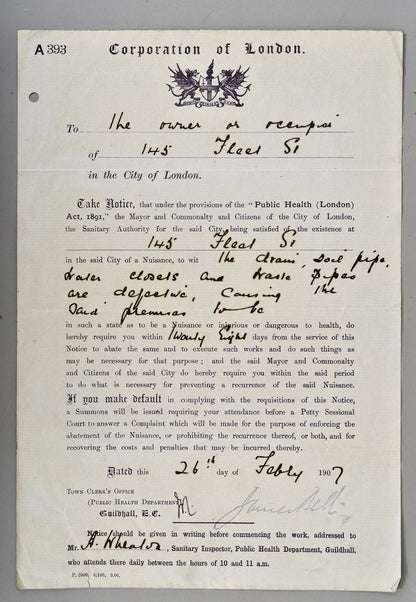 Corporation of London — Public Health Notice — 26 February 1907 — london1.jpg
