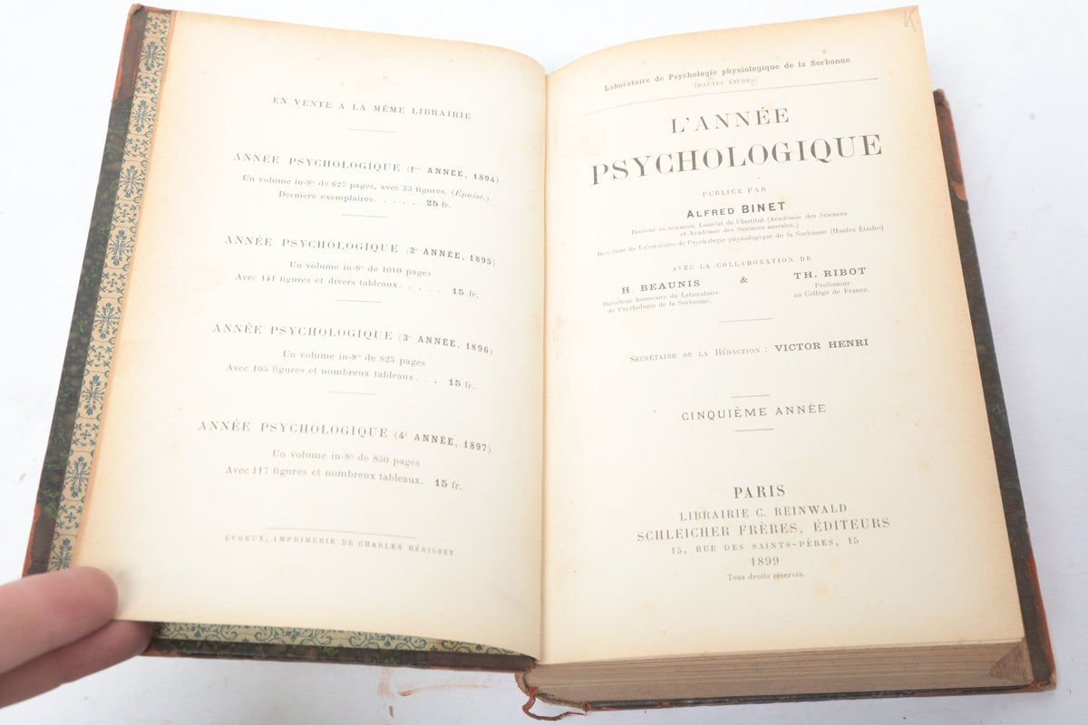 Alfred Binet, Editor — L’Année Psychologique — Fifth Year, Paris, 1899 — photographed detail