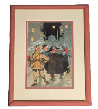 Framed artwork of four characters in a snowy night scene