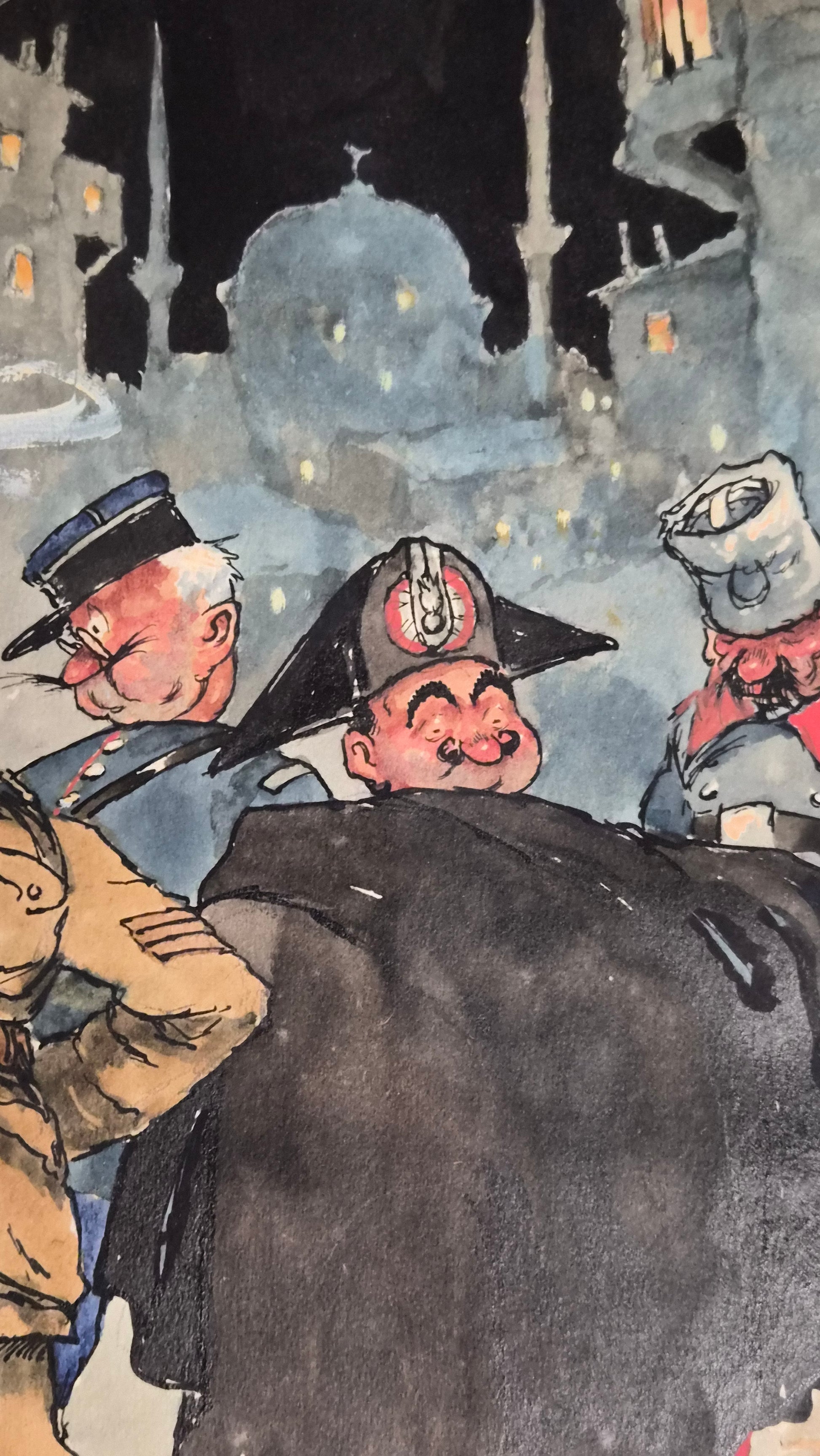 Illustration of a person with a large nose and hat interacting with a dog in a dark, urban setting.