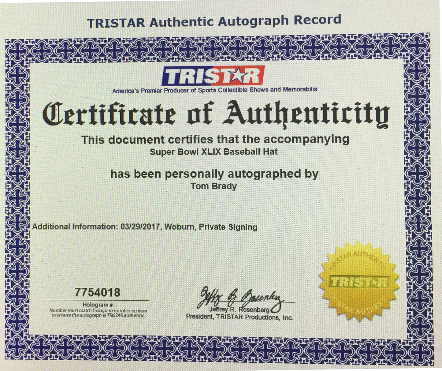 Tom Brady & Donald Trump Dual-Signed Super Bowl XLIX Hat — TRISTAR COA