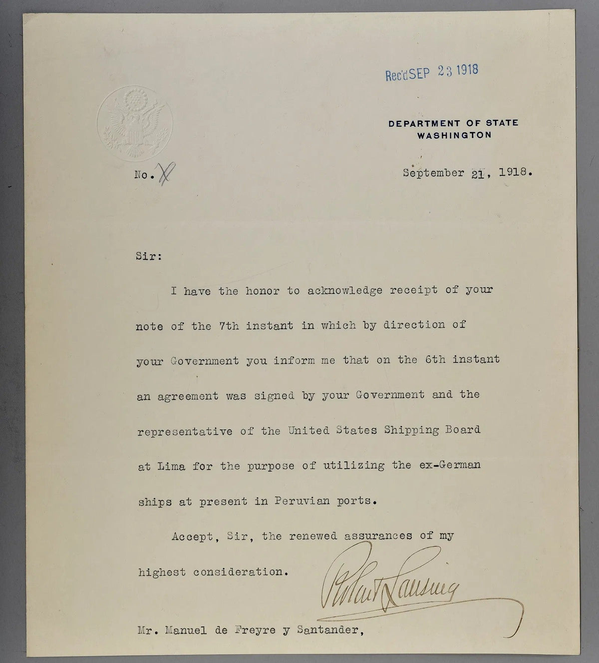Robert Lansing — Typed Letter Signed — Wartime Shipping Agreement, 21 September 1918 — sec1.jpg