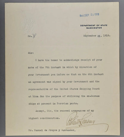 Robert Lansing — Typed Letter Signed — Wartime Shipping Agreement, 21 September 1918 — sec1.jpg