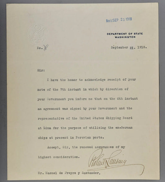 Robert Lansing — Typed Letter Signed — Wartime Shipping Agreement, 21 September 1918 — sec1.jpg